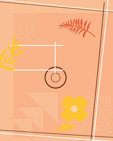 orange background with abstract shapes and yellow flower and leaves, colorful design, vector illustrationのイラスト素材