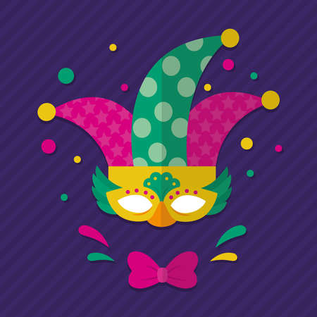 carnival design, mask and harlequin hat over purple background, colorful design, vector illustrationのイラスト素材