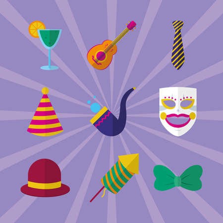 guitar and carnival icon set over purple background, colorful design, vector illustrationのイラスト素材