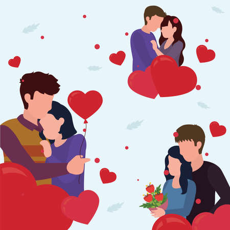 Happy valentines day couple with hearts and flowers of love passion and romantic theme Vector illustrationのイラスト素材