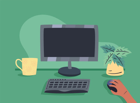 workplace desk with computer coffee mug and plant design, work office and telecommuting theme Vector illustrationのイラスト素材