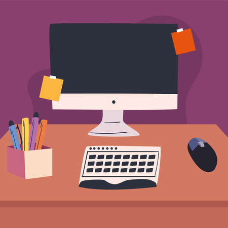workplace desk with computer and mouse design, work office and telecommuting theme Vector illustrationのイラスト素材