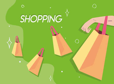 hand with shopping bags on green background design of commerce and market theme Vector illustrationのイラスト素材