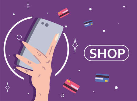 hand holding smartphone with credit cards design of shopping money commerce and market theme Vector illustrationのイラスト素材