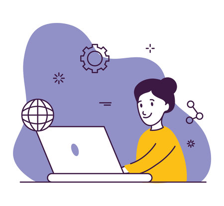 woman using a laptop computer with internet symbols around over white background, colorful design, vector illustrationのイラスト素材