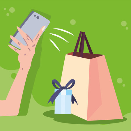 shopping bag gift and hand holding smartphone design of commerce and market theme Vector illustrationのイラスト素材