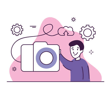 cartoon man with photographic camera and internet symbols around over white background, colorful design, vector illustrationのイラスト素材