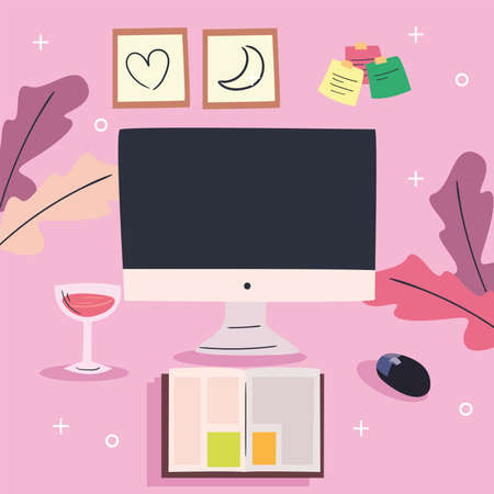 workplace desk with computer book and wine cup design, work office and telecommuting theme Vector illustrationのイラスト素材