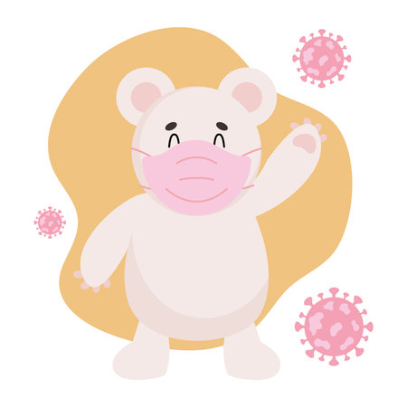 cute rabbit with face mask and coronavirus virus around over white background, colorful design, vector illustrationのイラスト素材