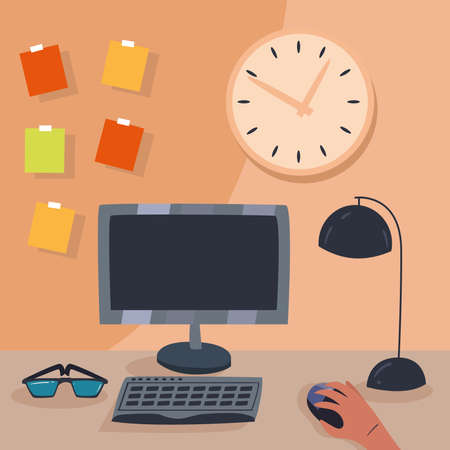 workplace desk with computer and lamp design, work office and telecommuting theme Vector illustrationのイラスト素材