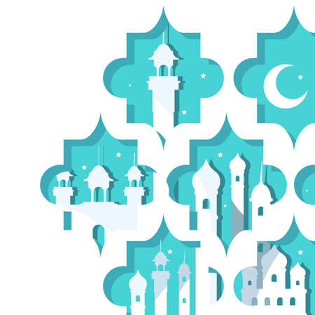 Ramadan mosques and moon in blue frames design, Islamic muslim religion and culture theme Vector illustrationのイラスト素材