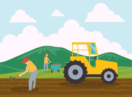 Farmers with wheelbarrow and tractor design, Agronomy lifestyle agriculture harvest and farming theme Vector illustrationのイラスト素材