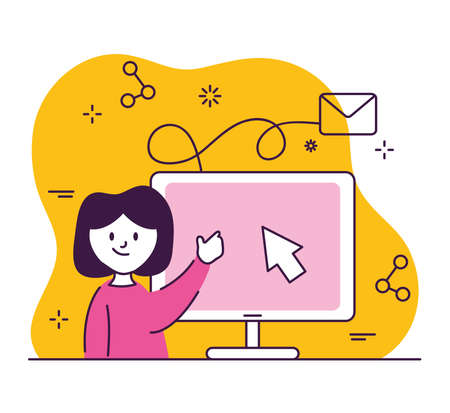 cartoon woman with computer monitor and internet symbols over white background, colorful design, vector illustrationのイラスト素材