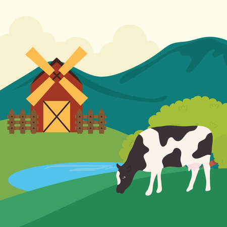 Farm and cow in front od mountain design, Agronomy lifestyle agriculture harvest and farming theme Vector illustrationのイラスト素材