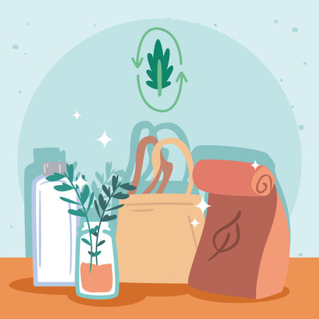 Zero waste bags plant jar and bottle design, Save planet eco green recycle theme Vector illustrationのイラスト素材