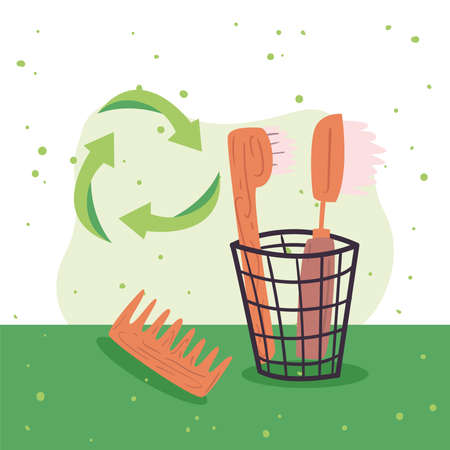 Zero waste toothbrushes and hair comb design, Save planet eco green recycle theme Vector illustrationのイラスト素材