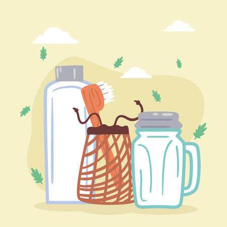 Zero waste toothbrush jar and bottle design, Save planet eco green recycle theme Vector illustrationのイラスト素材