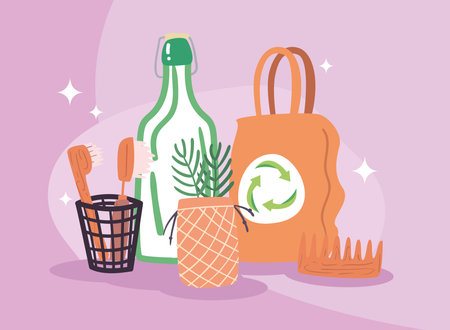 Zero waste bag bottle plant and brushes design, Save planet eco green recycle theme Vector illustrationのイラスト素材