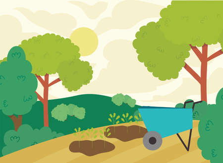 Farm wheelbarrow plants and trees design, Agronomy lifestyle agriculture harvest and farming theme Vector illustrationのイラスト素材