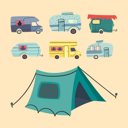 Camper trailers with tent collection design of caravan trip camp adventure transportation and travel theme Vector illustrationのイラスト素材