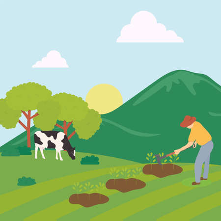 Farmer planting and cow design, Agronomy lifestyle agriculture harvest and farming theme Vector illustrationのイラスト素材