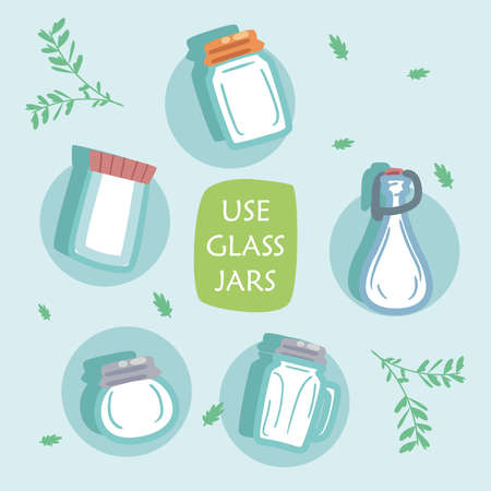 Zero waste glass jars design, Save planet eco green recycle theme Vector illustrationのイラスト素材