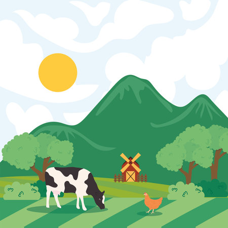 Farm chicken and cow design, Agronomy lifestyle agriculture harvest and farming theme Vector illustrationのイラスト素材