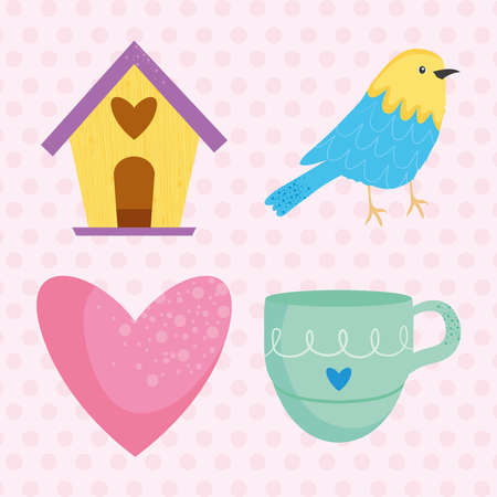 cute birds and spring icon set over pink background, colorful design, vector illustrationのイラスト素材