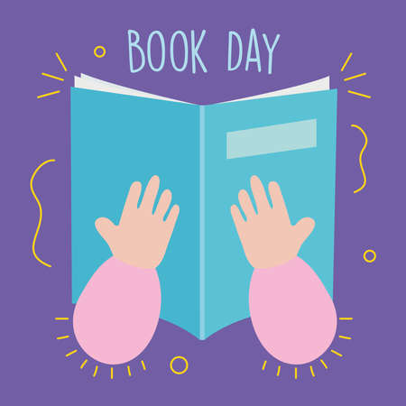 book day design with hands holding a book over purple background, colorful design, vector illustrationのイラスト素材