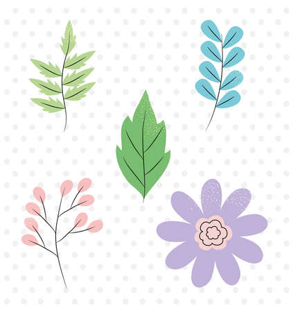 colorful leaves and flower icon set over white background with gray dots, colorful design, vector illustrationのイラスト素材