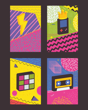 90s and 80s posters icon set, colorful design, vector illustrationのイラスト素材