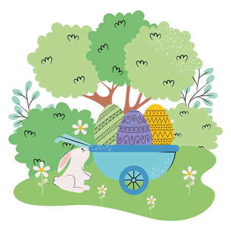 landscape with trees, cute rabbit and wheelbarrow with easter eggs over white background, colorful design, vector illustrationのイラスト素材