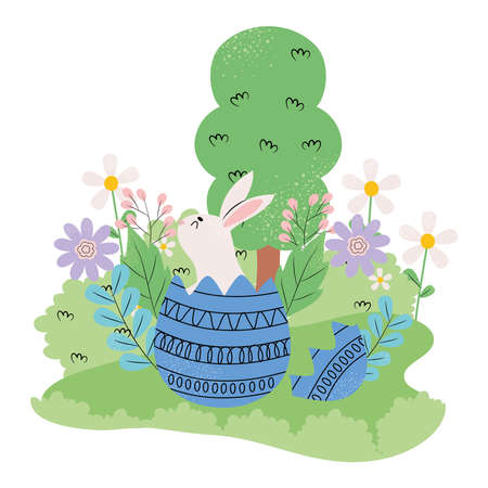 happy easter day concept, easter egg with rabbit and colorful flowers and tree over white background, colorful design, vector illustrationのイラスト素材