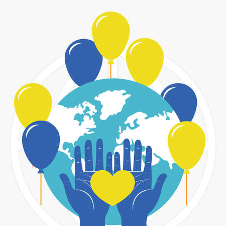 down syndrome day concept, earth planet with balloons around and hands with heart icon over white background, colorful design, vector illustrationのイラスト素材