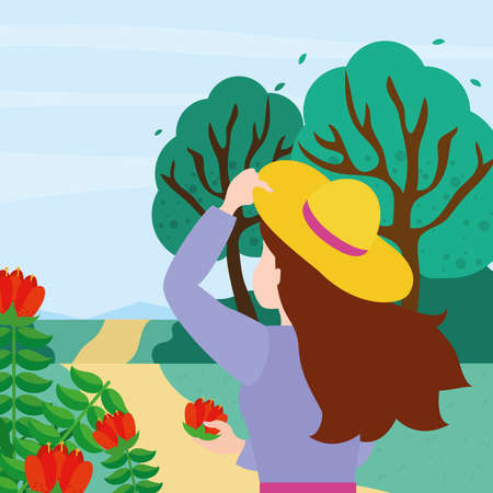 spring landscape with woman of back with a hat and flowers colorful design, vector illustrationのイラスト素材