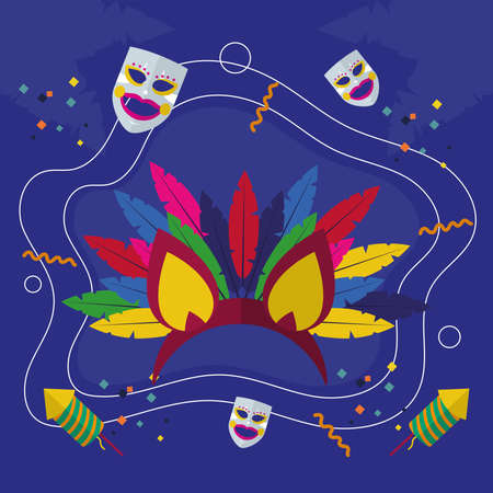 carnival crown with feathers masks and fireworks design, Party decoration celebration and festival theme Vector illustrationのイラスト素材