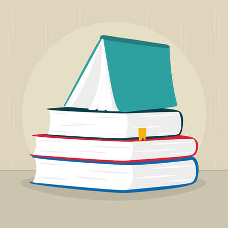 book standing on stack of books over gray background, flat style, vector illustrationのイラスト素材