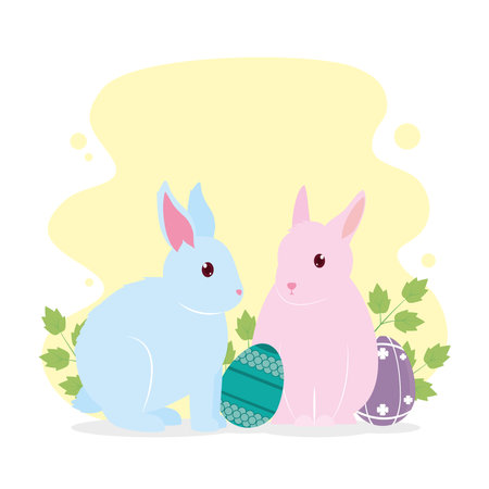 happy easter design with cute rabbits and easter eggs over white background, colorful design, vector illustrationのイラスト素材