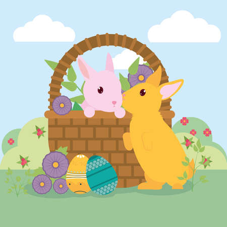 happy easter design with basket with cute rabbits, flowers and easter eggs over landscape background, colorful design, vector illustrationのイラスト素材
