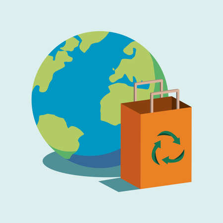 Ecological recycle bag and world isometric design, Save eco sustainable and environmental theme Vector illustrationのイラスト素材