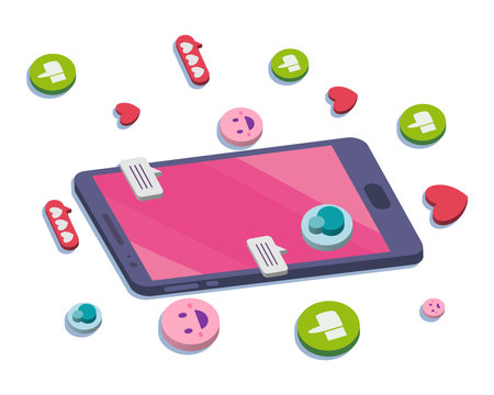isometric smartphone with social media bubbles likes emojis and hearts design, multimedia...