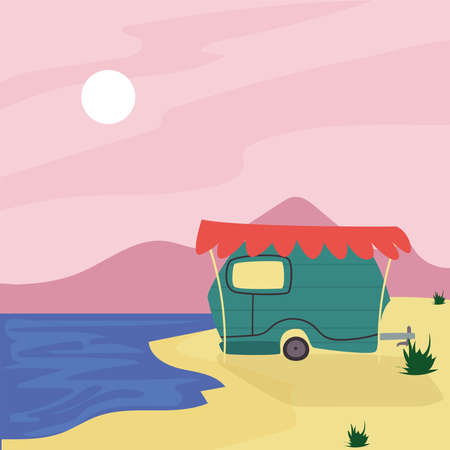 green camper trailer at beach design of caravan trip camp adventure transportation and travel theme Vector illustrationのイラスト素材