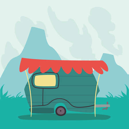 green camper trailer at landscape design of caravan trip camp adventure transportation and travel theme Vector illustrationのイラスト素材