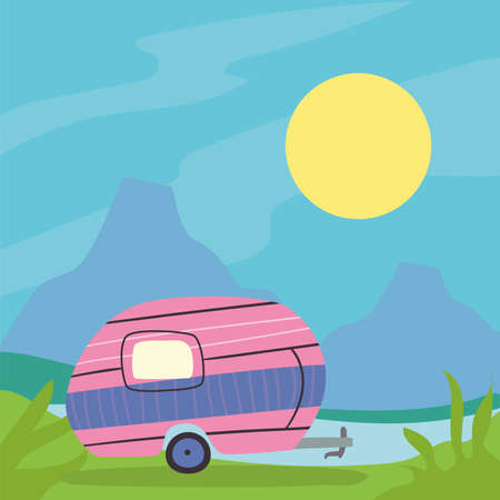 pink camper trailer at landscape design of caravan trip camp adventure transportation and travel theme Vector illustrationのイラスト素材