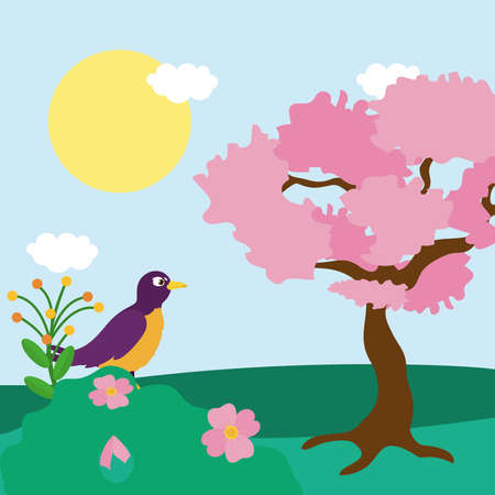 Spring pink tree and bird design, Season natural floral ornament garden and decoration theme Vector illustrationのイラスト素材