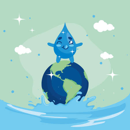 Water day with drop cartoon on world at ocean design, Environment save nature and ecology theme Vector illustrationのイラスト素材