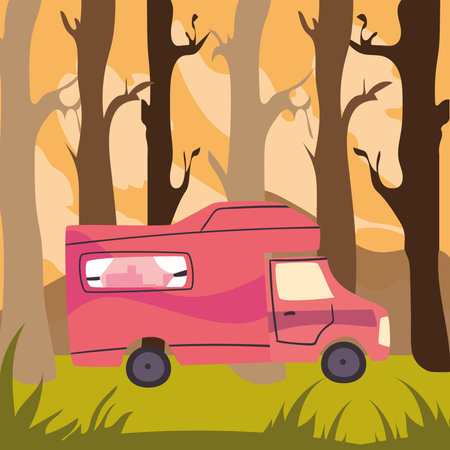 red camper trailer at forest design of caravan trip camp adventure transportation and travel theme Vector illustrationのイラスト素材