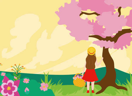 Spring landscape with pink tree and girl with flowers basket design, Season natural floral ornament garden and decoration theme Vector illustrationのイラスト素材