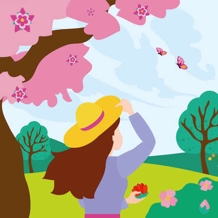 Spring landscape with tree and girl with flower design, Season natural floral ornament garden and decoration theme Vector illustrationのイラスト素材