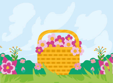 Spring flowers basket design, Season natural floral ornament garden and decoration theme Vector illustrationのイラスト素材